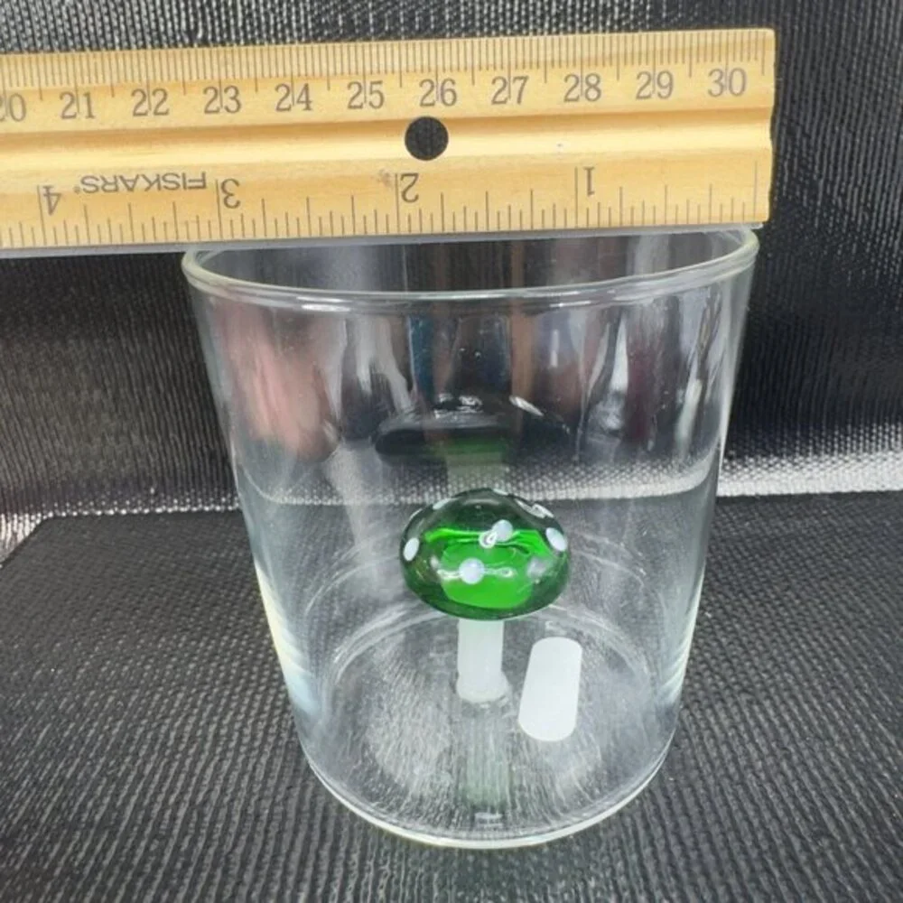 Clear Thin Glass‎ Cup BarWare Tumbler With Green White Mushroom Inside Attached